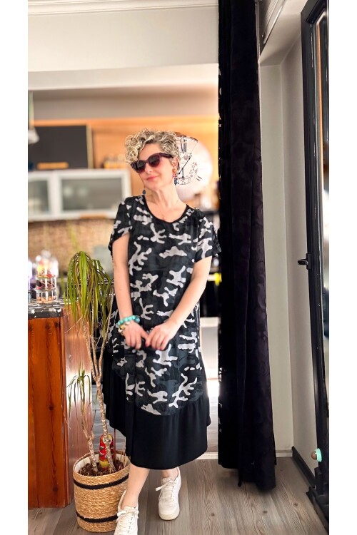 Vicci İtalyan Kamuflaj Desen Elbise Siyah