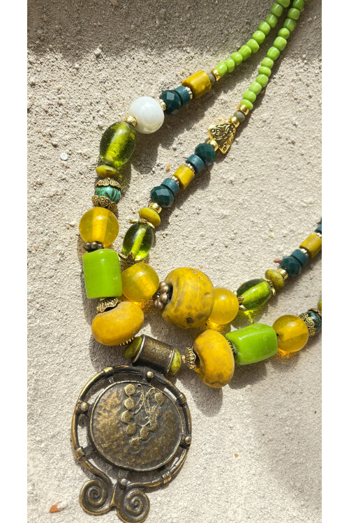 Visi Pirinç Cam Etnik Kolye