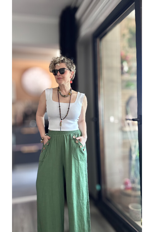 Zizzi Cep Düğme Detay Pantolon Yeşil