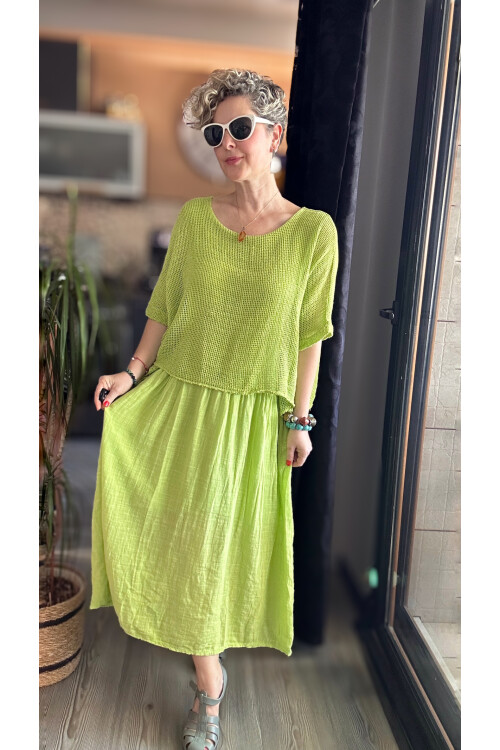 Abitare İtalyan Fisto File Detay Vip Elbise Fıstık Yeşil