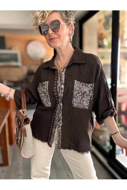 Afro  İtalyan Vip Pul Payet Detay Gömlek Ceket Kahve