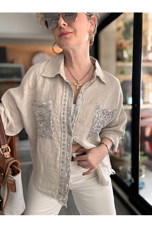 Afro  İtalyan Vip Pul Payet Detay Gömlek Ceket Beige