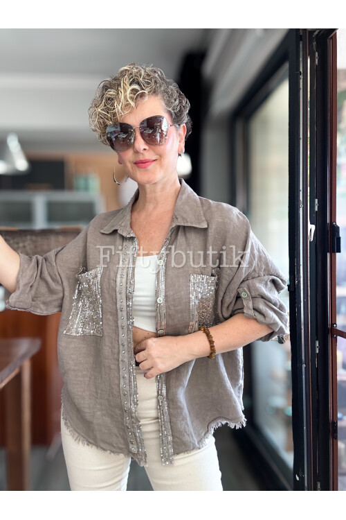 Afro  İtalyan Vip Pul Payet Detay Gömlek Ceket Vizon