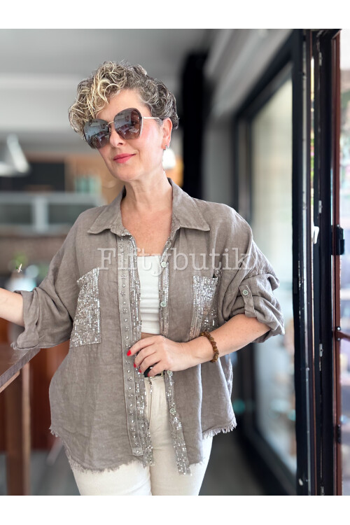 Afro  İtalyan Vip Pul Payet Detay Gömlek Ceket Vizon