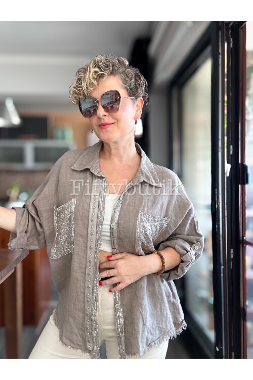 Afro  İtalyan Vip Pul Payet Detay Gömlek Ceket Vizon