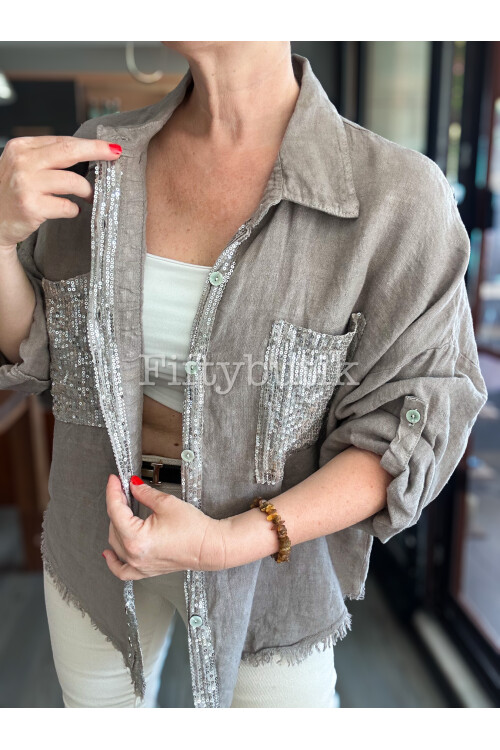 Afro  İtalyan Vip Pul Payet Detay Gömlek Ceket Vizon