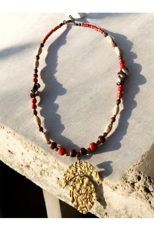 Akal Pirinç Cam Etnik Kolye