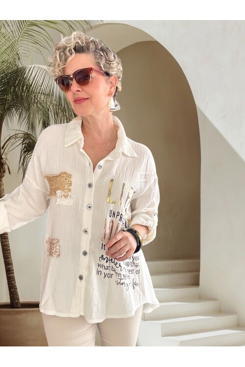 Anci İtalyan Pul Detaylı Gömlek Beyaz