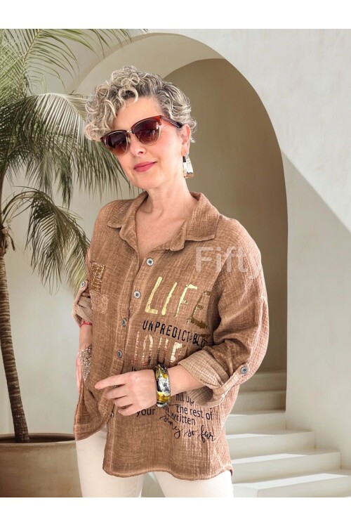 Anci İtalyan Pul Detaylı Gömlek Camel