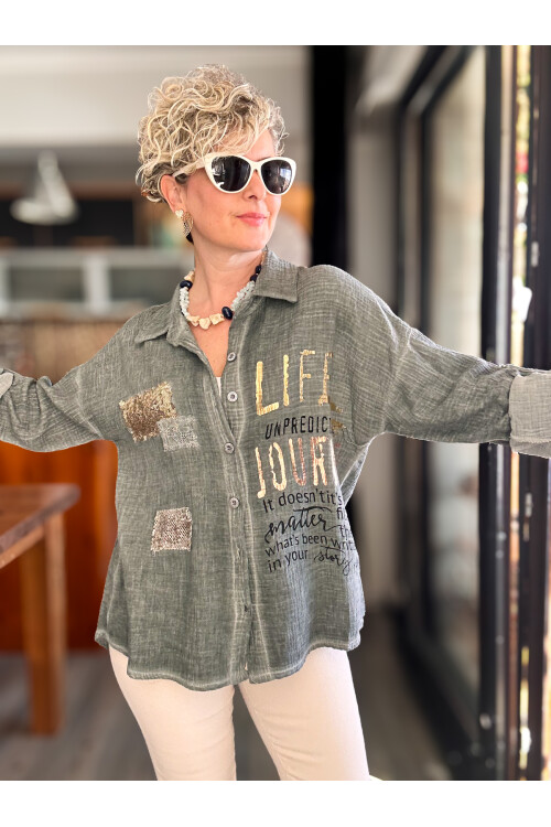 Anci İtalyan Pul Detaylı Gömlek Haki Yeşil