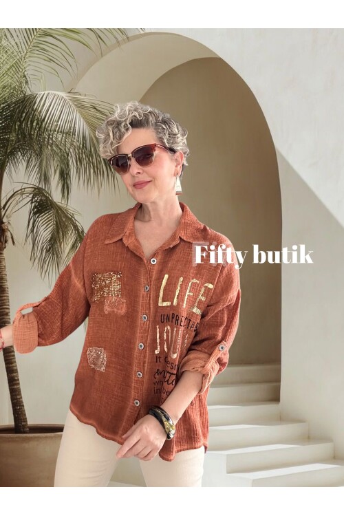 Anci İtalyan Pul Detaylı Gömlek Kiremit