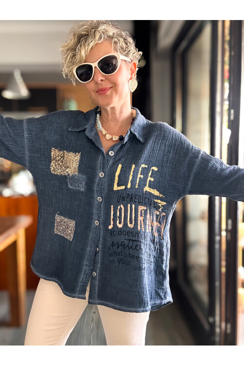 Anci İtalyan Pul Detaylı Gömlek Lacivert