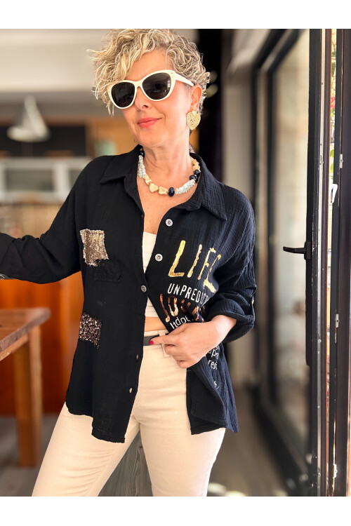 Anci İtalyan Pul Detaylı Gömlek Siyah