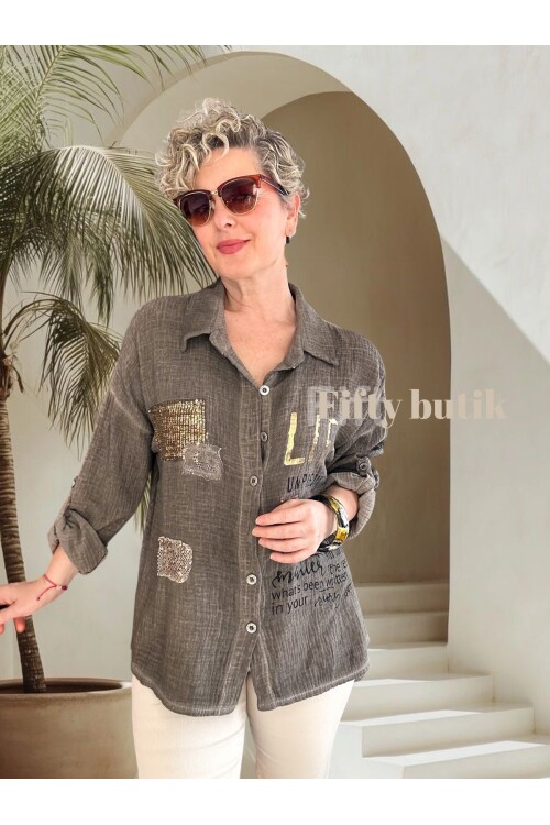 Anci İtalyan Pul Detaylı Gömlek Vizon