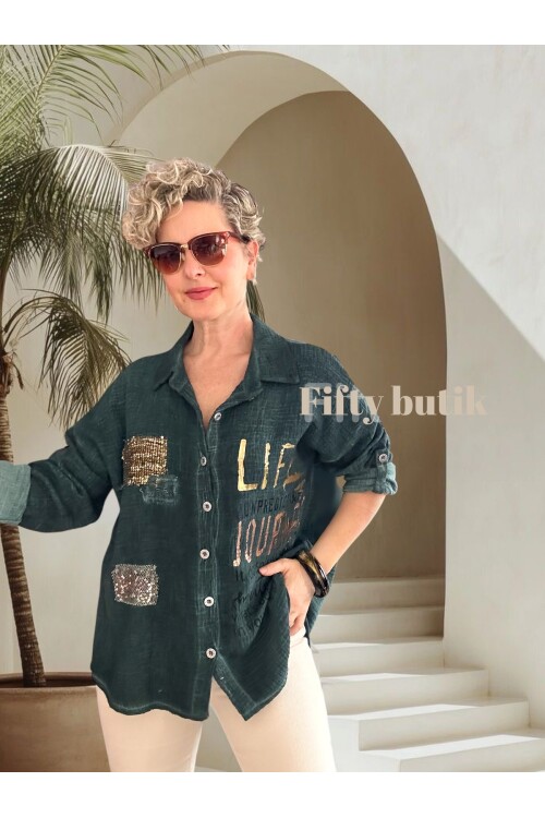 Anci İtalyan Pul Detaylı Gömlek Zümrüt