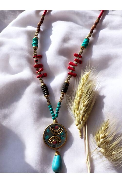 Asuw Doğal Taş Pirinç Cam Etnik Kolye