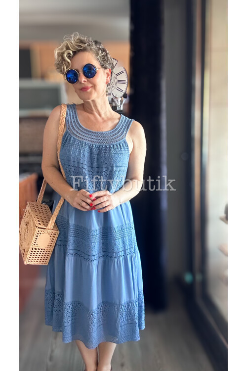 Azur İtalyan Dantel Detay Elbise İndigo Mavi