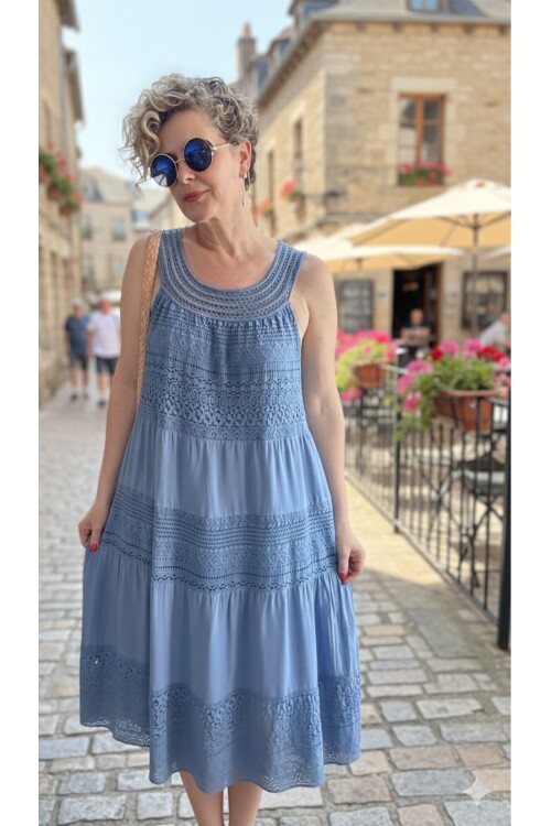 Azur İtalyan Dantel Detay Elbise İndigo Mavi