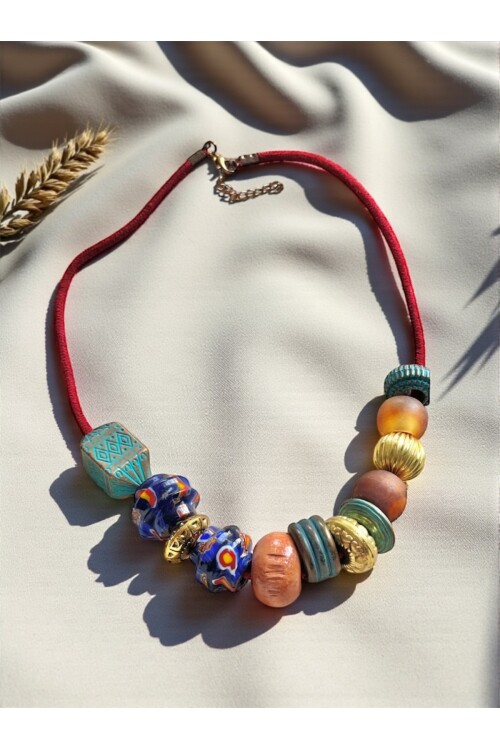 Balsu Pirinç Cam Etnik Kolye