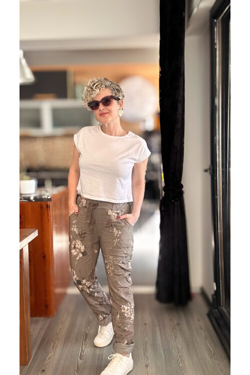 Benji İtalyan Çiçek Desen Sihirli Pantolon Vizon