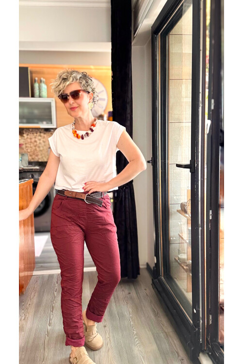 Bisso İtalyan Detay Kemerli Sihirli Pantolon Bordo