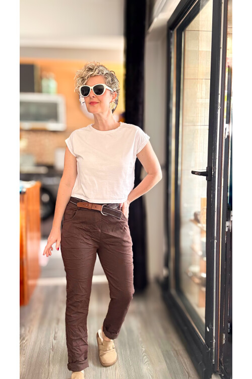 Bisso İtalyan Detay Kemerli Sihirli Pantolon Kahve