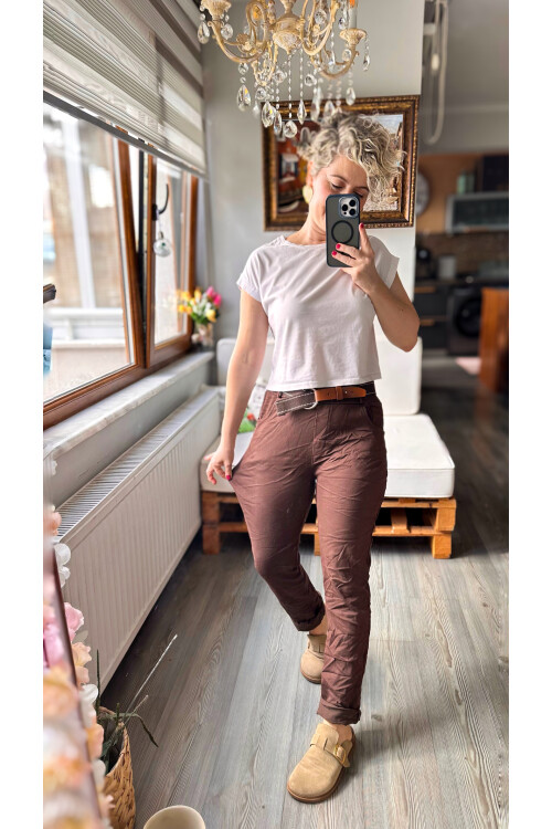 Bisso İtalyan Detay Kemerli Sihirli Pantolon Kahve