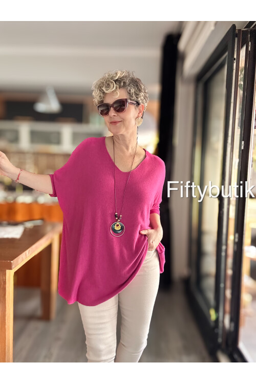 Botte İthal Kolyeli Salaş Triko Bluz Fuşya