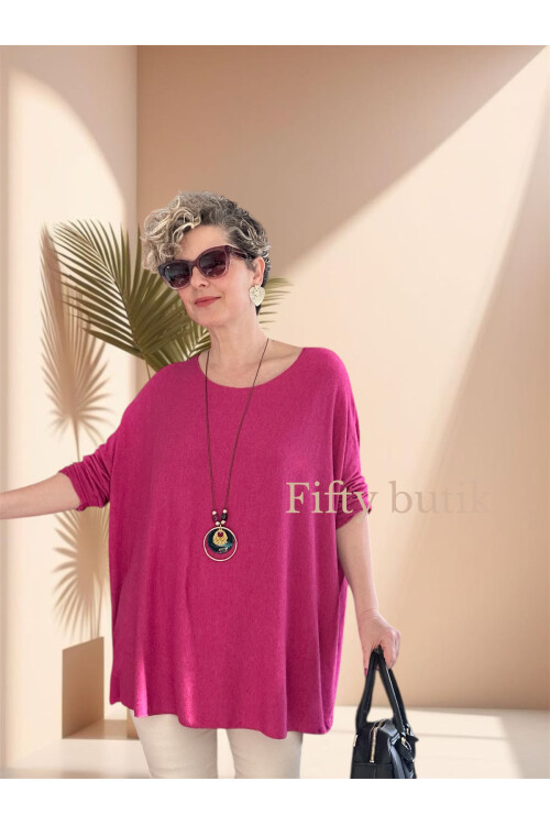 Botte İthal Kolyeli Salaş Triko Bluz Fuşya