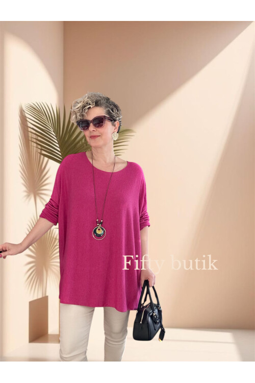 Botte İthal Kolyeli Salaş Triko Bluz Fuşya