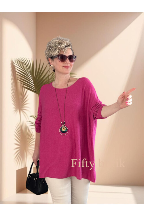 Botte İthal Kolyeli Salaş Triko Bluz Fuşya