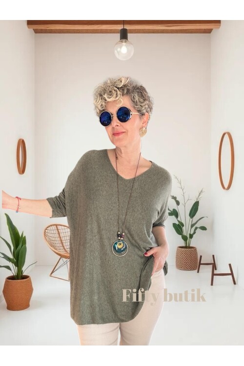 Botte İthal Kolyeli Salaş Triko Bluz Haki Yeşil