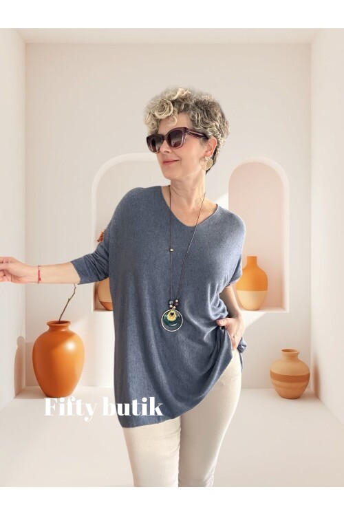 Botte İthal Kolyeli Salaş Triko Bluz İndigo Mavi