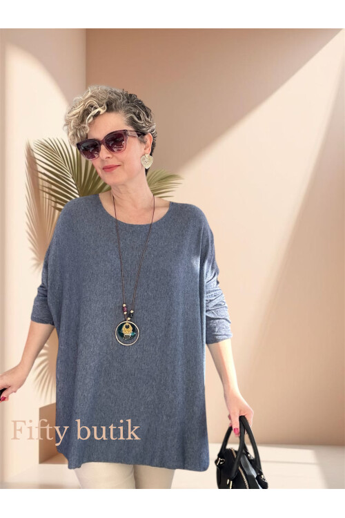 Botte İthal Kolyeli Salaş Triko Bluz İndigo Mavi