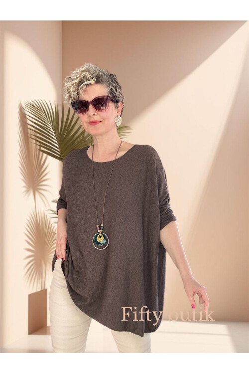 Botte İthal Kolyeli Salaş Triko Bluz Kahve