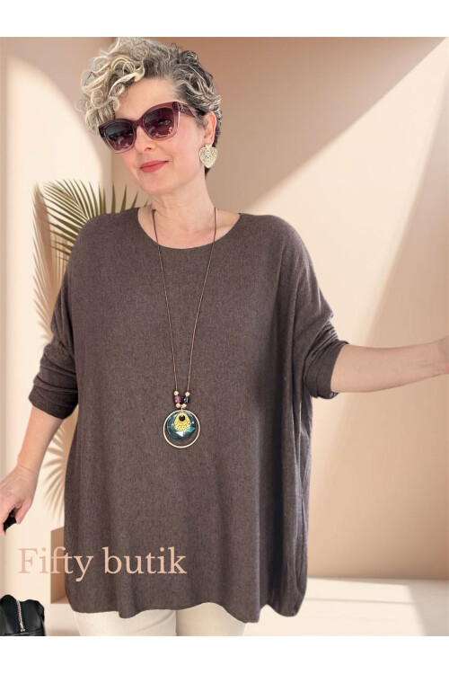 Botte İthal Kolyeli Salaş Triko Bluz Kahve