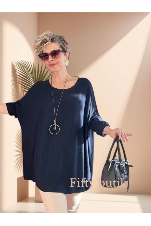 Botte İthal Kolyeli Salaş Triko Bluz Lacivert