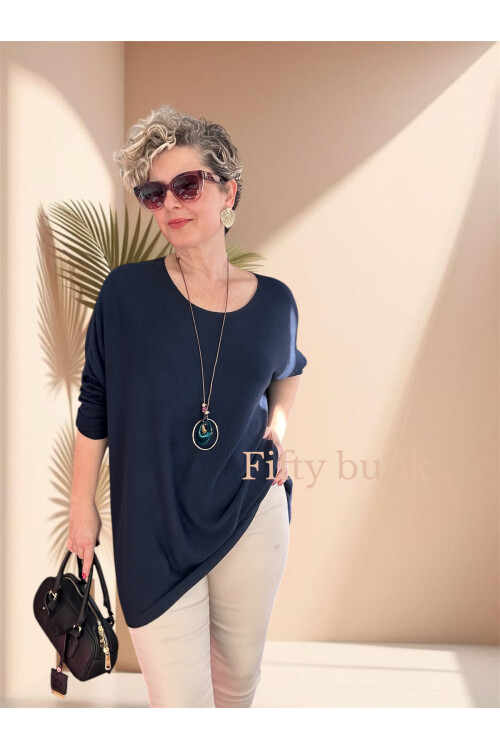 Botte İthal Kolyeli Salaş Triko Bluz Lacivert