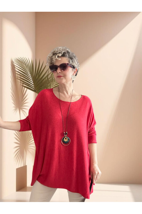 Botte İthal Kolyeli Salaş Triko Bluz Nar Çiçeği