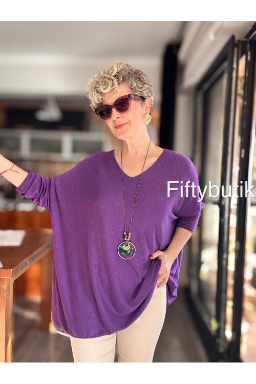 Botte İthal Kolyeli Salaş Triko Bluz Purple