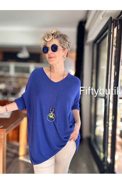 Botte İthal Kolyeli Salaş Triko Bluz Saks Mavi