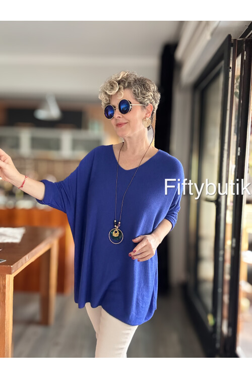 Botte İthal Kolyeli Salaş Triko Bluz Saks Mavi