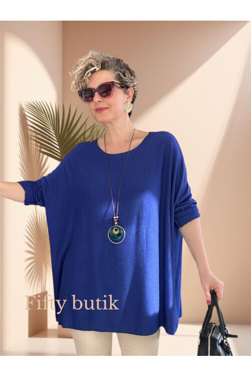 Botte İthal Kolyeli Salaş Triko Bluz Saks Mavi