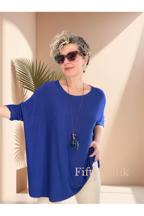 Botte İthal Kolyeli Salaş Triko Bluz Saks Mavi