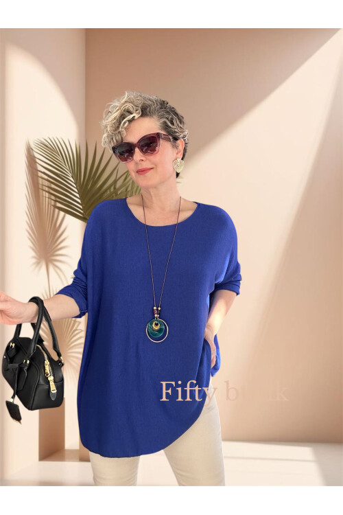 Botte İthal Kolyeli Salaş Triko Bluz Saks Mavi