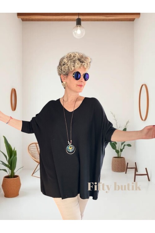 Botte İthal Kolyeli Salaş Triko Bluz Siyah