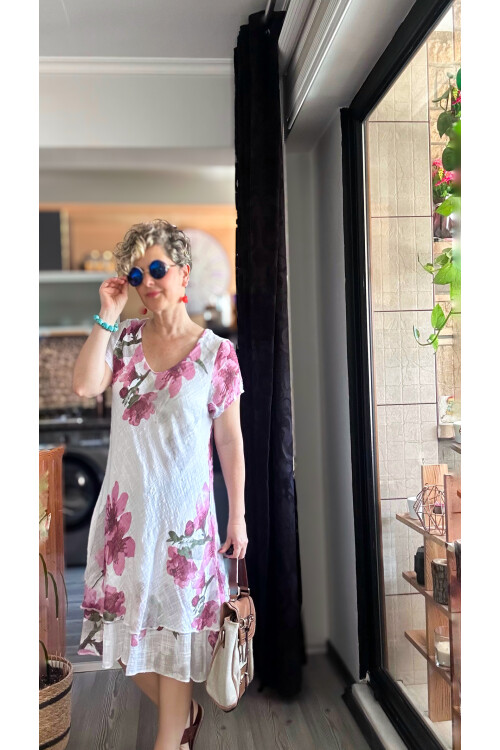 Cello İtalyan Zambak Desenli Elbise Beyaz