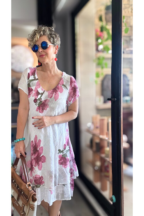 Cello İtalyan Zambak Desenli Elbise Beyaz