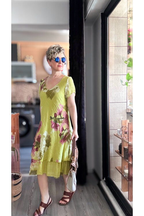 Cello İtalyan Zambak Desenli Elbise Fıstık Yeşil