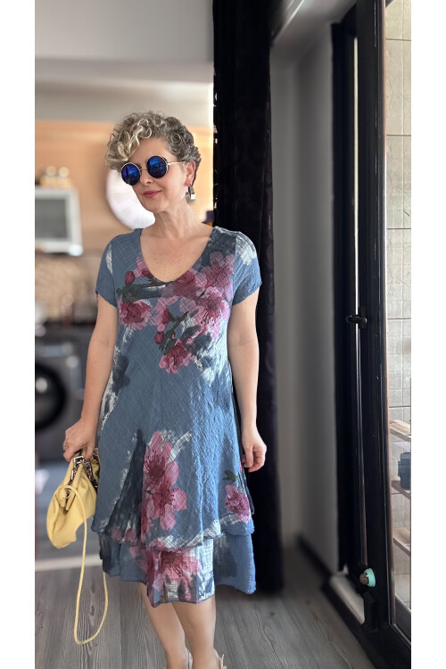 Cello İtalyan Zambak Desenli Elbise İndigo Mavi